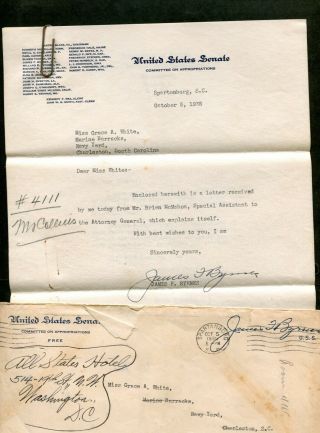 1935 U S Sc Senator James F Byrnes Signed Letter On Senate Stationery & Envelope