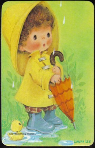 Laura Lee Cute Boy Vintage 1970s Greythorne Kids Blank Back Swap Card Duck/ Rain