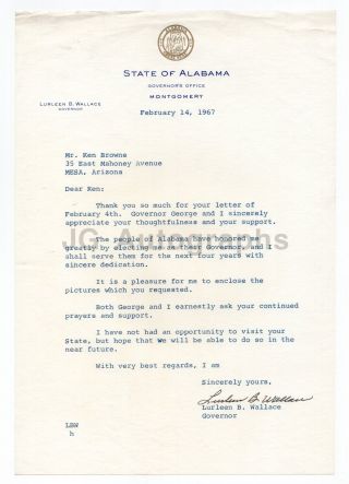 Lurleen Wallace - 46th Governor Of Alabama - Signed Letter (tls),  1967