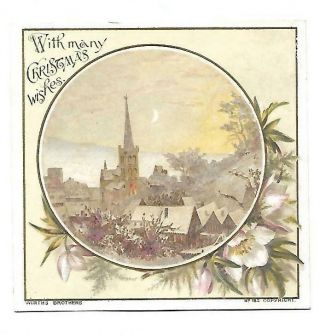 With Many Christmas Wishes Church Steeple In Village Snowvict Card C1880s