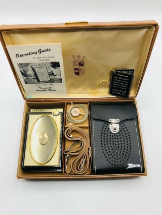 Vintage Zenith Deluxe Royal 500 Portable Transistor Radio Box,  Case,  Earbud,  Usa
