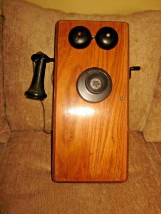 Oak Wood Magneto Wall Telephone.