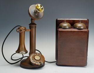 Antique G.  E.  C.  Brass Rotary Candlestick Telephone & Ringer Box