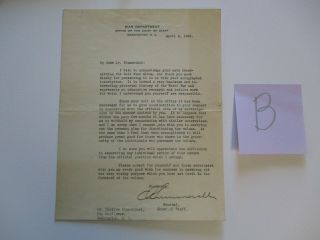 Letter Charles Blumenthal Alsace Lorraine Autograph War Dept Washington 1929