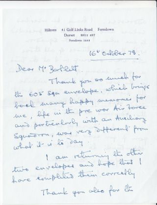 Letter Signed By John Rotherham Ww11 Pilot 605 Sqn.