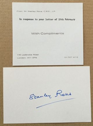 Stanley Rous.  Handsigned Signature On Card.
