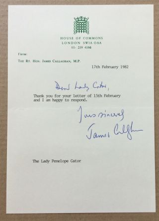 James Callaghan Handsigned Signature On Personal Notepaper.
