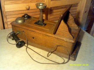 1900s Antique Kellogg Oak Cabinet Hand Crank Wall Mount Telephone