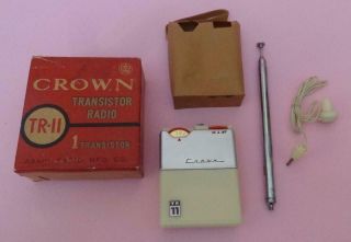 Vtg Crown Tr - Ii Mini Miniature Transistor Radio W/ Ant1 & Earphones Japan 1970 