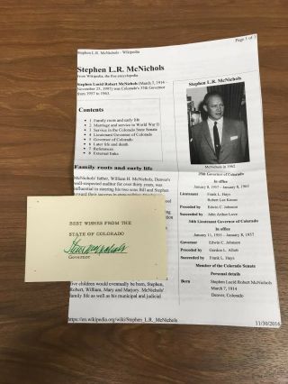 Stephen Mcnichols - Signed/autographed Index Card & Cut - Governor - Colorado