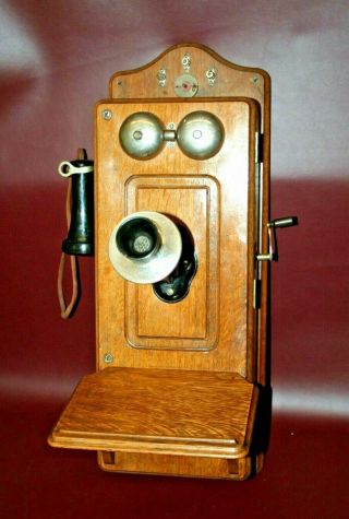 Antique Oak Cased Kellogg Stromberg - Carlson Hand Crank Wall Telephone