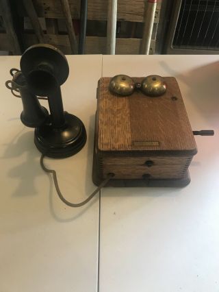 Antique 1908 Kellogg Candlestick Telephone Vintage Wood Crank Case