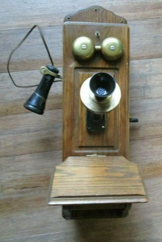 Antique Primitive Early 1900s Oak Crank Wall Phone Converted To Dial Home Decor