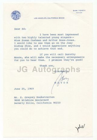 Sam Yorty - 37th Mayor Of Los Angeles - Signed Letter (tls),  1969