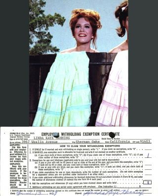 Linda Kaye Henning - Signed W - 4 Form (1969) W/ 5x7 Photo,  " Petticoat Junction "
