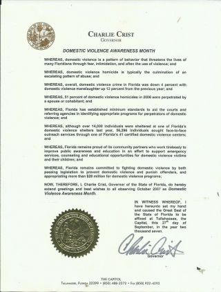2007 Signed Document Charlie Crist,  Governor Of Florida