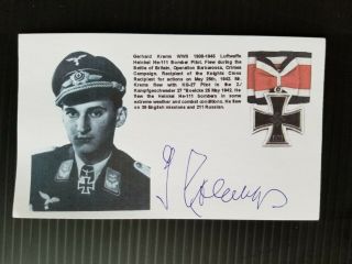 Germany Gerhard Krems Wwii Luftwaffe Ace Pilot Autographed 3x5 Index Card
