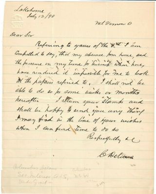 1890 Signed Letter Columbus Delano Ohio Secretary Of Interior For Usysees Grant