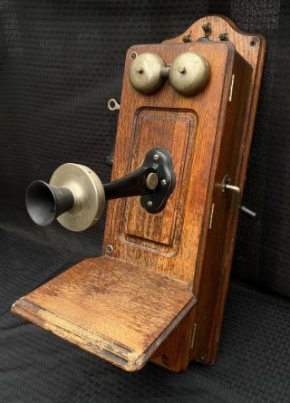 1900s Antique Kellogg Oak Hand Crank Wall Mount Telephone Ring & Complete