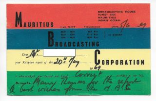 Qsl Radio Mauritius Broadcasting Corporation Indian Ocean 1969 Marlin Stamp Dx