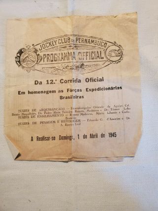 Vintage April 1st 1945 Official Program Of The Jockey Club De Pernambuco,  Brazil