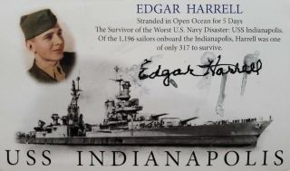 Edgar Harrell Hand Signed Autograph Photo Uss Indianapolis Survivor Wwii Vet