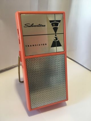 Coral Silvertone Hourglass Dial Transistor Radio With No Cracks Or Chips Ex Cond