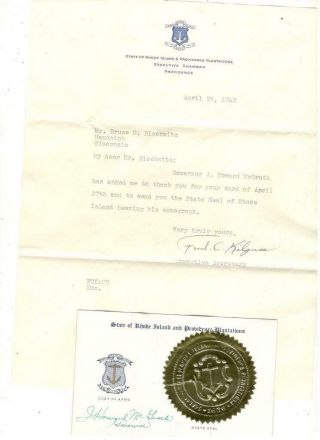 State Of Rhode Island Gov.  J.  Howard Mcgrath 1942 Autograph W/loa