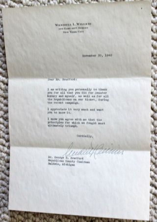 Wendell L.  Willkie,  Signed Typed Letter,  Nov. ,  1940,  After His Loss To F.  D.  R.