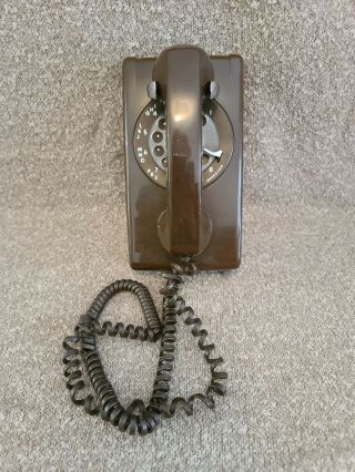 Vintage Brown Rotary Wall Phone W/ Long Cord 1970s