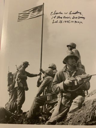 First American Flag Raised,  Iwo Jima Photo Signed Charles Lindbergh
