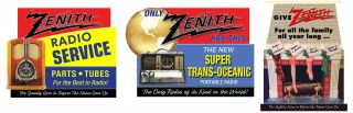 Three Zenith Radio Stand Up Ad Signs Bomber Xmas Radio Service
