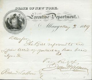 John Hoffman Gov Of Ny Letter Signed 1869 On Gov Stat (x392)