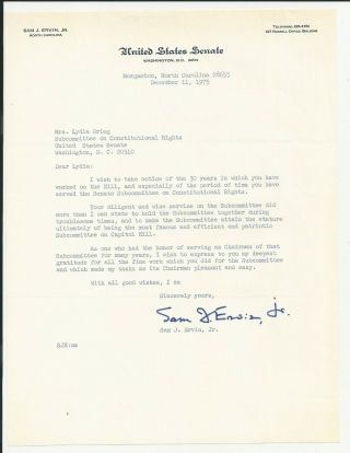 Sam J.  Ervin Jr.  Typed And Signed Letter
