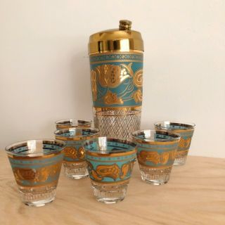 Vintage Mid Century Modern Mcm Cocktail Shaker With 6 Glasses 22kt.  Gold Paint