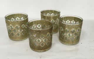 Vintage Culver,  Valencia Ltd.  Green Tint 22k Gold Scroll Double Rocks Glass (4)
