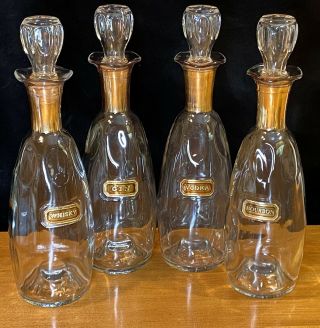 Set Of 4 Vintage Mid Century Glass Liquor Decanters W Labels & Stoppers Mcm