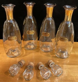 Set Of 4 VINTAGE MID CENTURY Glass LIQUOR DECANTERS w Labels & Stoppers MCM 2