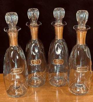 Set Of 4 VINTAGE MID CENTURY Glass LIQUOR DECANTERS w Labels & Stoppers MCM 3