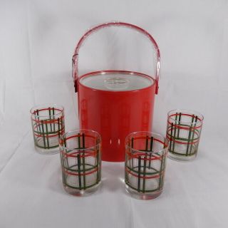 Georges Briard Red Ice Bucket And Plaid Glass Set B0969 - 05