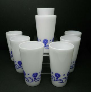 Set Of 8 Hazel Atlas White Milk Glass Blue Cornflower Tumblers Glasses