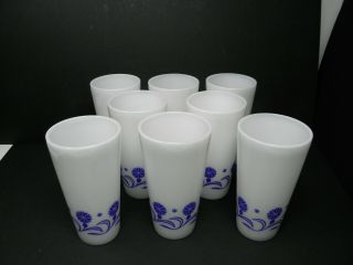 SET of 8 Hazel Atlas White Milk Glass BLUE CORNFLOWER Tumblers Glasses 3