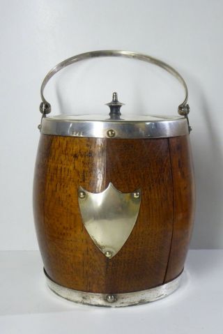 Antique Oak Coopers Barrel Ice Bucket Porcelain Liner Epns Silver Plate Rim Lid