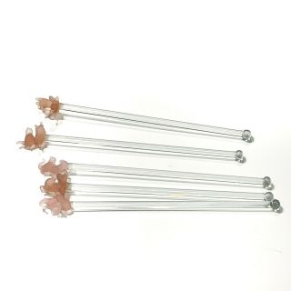 5 Vtg Pink Elephant Swizzle Sticks,  Glass Cocktail Stirrers Barware Set Of Five