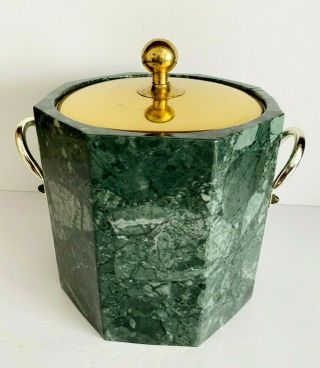Vintage Kraftware Ice Bucket W/faux Green Marble Pattern & Brass Lid 10 " Tall