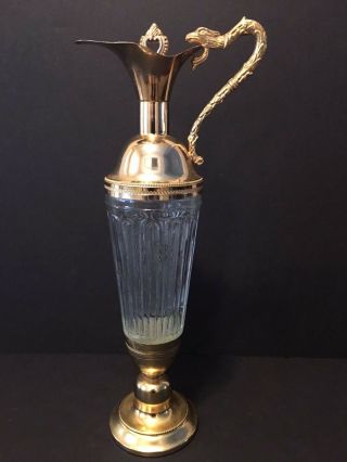 Vintage Tall Wine Decanter Clear With Gold Tone,  Made In Italy 14.  5 " Tall