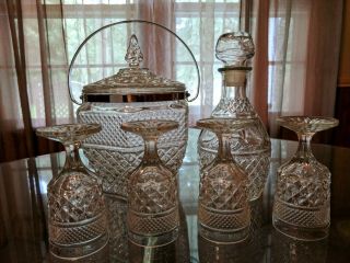 Vintage Diamond Glass Bar Set Includes Decanter Ice Bucket 4 Glasses