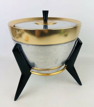Vintage Mid Century Modern Mirro Bullet Aluminum Ice Bucket Tripod Stand Atomic