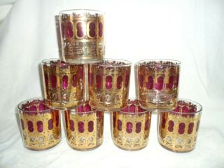 Vintage Culver 8 Rocks Barware Glasses 22k Gold Gild Azure Cranberry Scroll