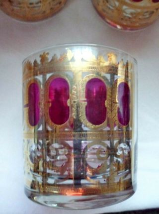 Vintage CULVER 8 Rocks Barware Glasses 22k Gold Gild Azure Cranberry Scroll 2